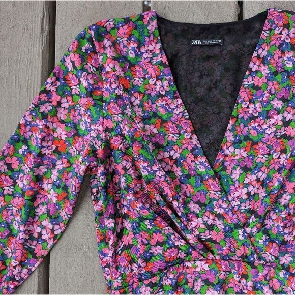 Zara Multicolor Ditsy Floral Satin V-Neck Long Sleeve Faux Wrap Mini Dress Sz‎ S - Picture 5 of 7